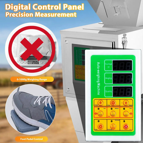Top Shelf Automatic Powder And Particle Filling Machine With 77 Pound Hopper digital control panel showing precision measurement and foot pedal.