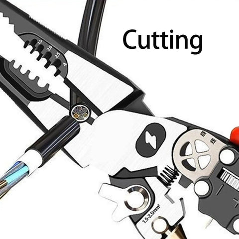 Close-up of Pro Grade Wire Stripping Tool with Built-In Electricity Tester and cutting feature visible.