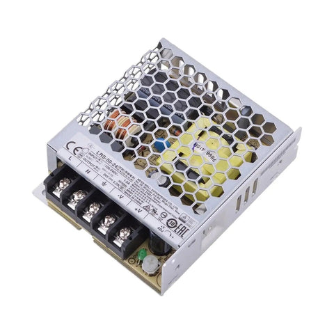 Compact 50W 24V Enclosed AC-DC Power Supply, 2.2A Output, 1U Low-Profile, Only 30mm Tall, Global 85-264VAC Input, Built-To-Last Rugged Metal Enclosure for Control Cabinets, Industrial Automation, and Appliance Use, silver metal mesh housing