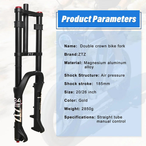 26 Inch Fat Tire Front Fork With Air Suspension For Mountain Bikes, 180mm Travel, 135mm Hub, Rebound Adjust