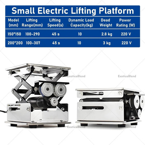Smooth Electric Scissor Lift Table With Rockin 10kg Load And Snappy Height Adjust For Lab, Workshop Or Stage Gear Using Cool Rolling Sliding Base displayed with specifications.