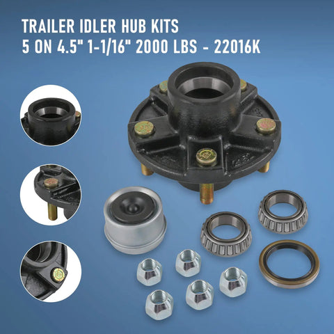 Trailer Idler Hub Kit Set For 5 On 4.5 Inch Axles 2000 Lb Capacity 1-1/16 Inch Straight Spindle Includes Outer Cone Bearings