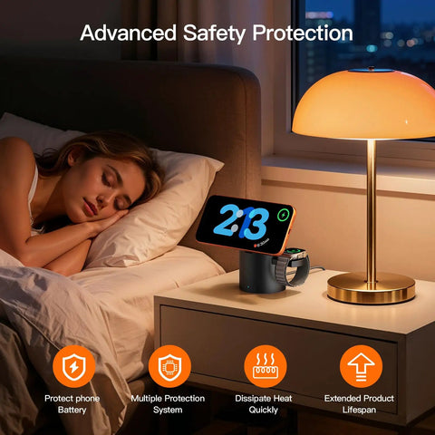 Foldable 3 In 1 Wireless Charging Station With MagSafe Stand for iPhone 12-16 AirPods Watch on nightstand with lamp at night