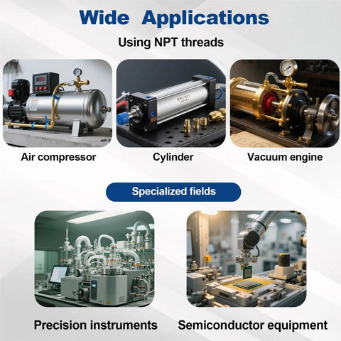 Various applications of Multi Port Pneumatic Manifold For Air Water And Oil Distribution Inline Block Splitter Dual Row 5 Way 7 Port One Quarter Inch NPT Port including air compressor and vacuum engine.