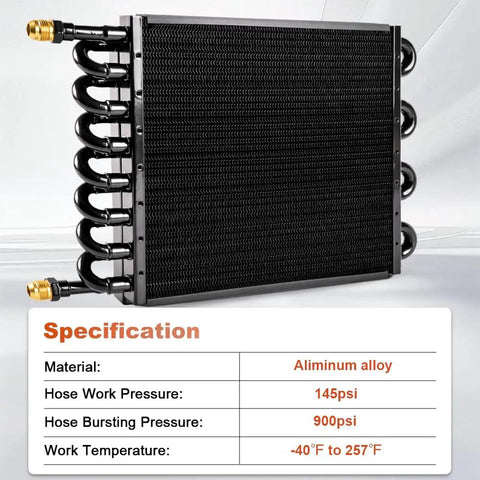 Half Inch Transmission Cooler Kit With Aluminum Tube And Fin 16 Pass Universal Oil Cooler for cars and compressors, 145 psi.