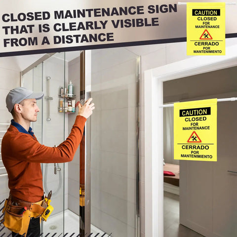 Two Pack Restroom Closed For Maintenance Signs With English And Spanish Doorway Barricade Signs On Adjustable Poles