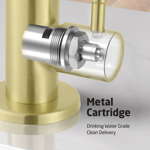 Close-up of metal cartridge in RO Water Filter Faucet for Home Kitchen Use No Fuss Non Air Gap Style, Brushed Gold finish.