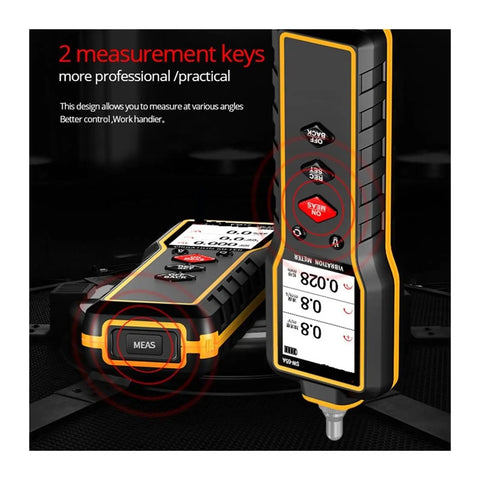 Pro Grade Handheld Vibration Meter Digital Vibration Measuring Tool for Industrial Machinery Vibration Instrument SW 65A Accurate Readings with Piezoelectric Sensor for Maintenance and Diagnostics, handheld black and yellow unit with two measure keys