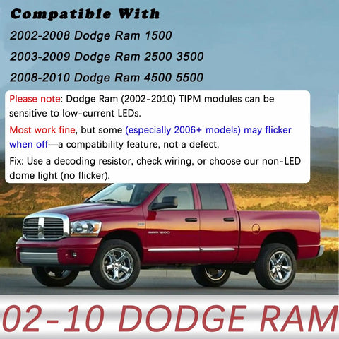 Upgraded Dome Map LED Reading Light For Dodge Ram Overhead Console Replacement notice and compatibility details next to red Dodge Ram truck