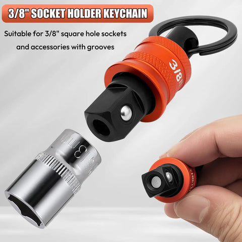 Close-up of Five Piece Socket Holder Key Chain With Quick Release Carabiner For Three Eighth Inch Drive Sockets in use