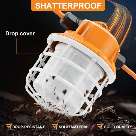 Close-up of shatterproof bulb cover on 100Ft LED Construction String Lights 150W Industrial Grade with 15000LM 5000K Daylight.