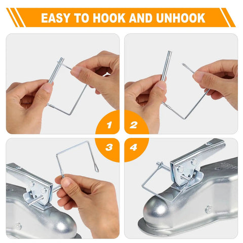 Step-by-step guide showing Built Tough Zinc Coated Quarter Inch Trailer Hitch Pin Set for easy hooking and unhooking.