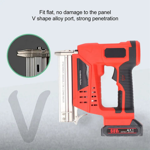 Cordless Brad Nailer And Staple Gun Combo Battery Powered Electric Nail Tool With Dual Fire Modes showing V shape alloy port for strong penetration.