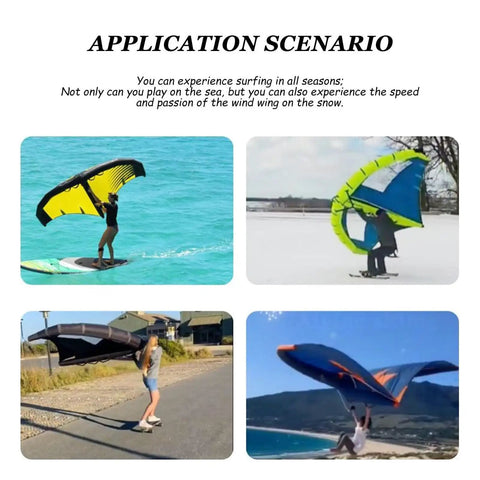 Inflatable Surfing Wing And Wind Kite For Windsurfing And Foil Boarding, Handheld Surfboard Style Wing With 54 Sq Ft Sail in diverse use scenarios.