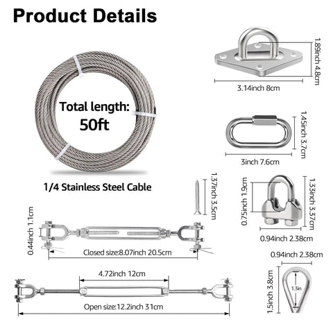 Beefed Up Heavy Duty One Quarter Inch Wire Rope Kit features 50 ft stainless cable and mounting hardware for shade sails