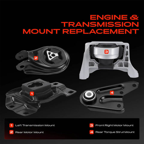 Straight Up Heavy Duty Engine Motor And Transmission Mount Kit With Solid Torque Strut For Mazda 3 2010 To 2013 And Mazda 5 2012 To 2015 Automatic Transmission showing four transmission mounts.