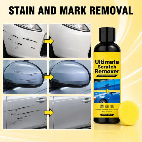 Smooth Ride No Sweat Auto Scratch Remover Paste with Bonus Detailing Sponge 100g, showing before and after scratch removal results.
