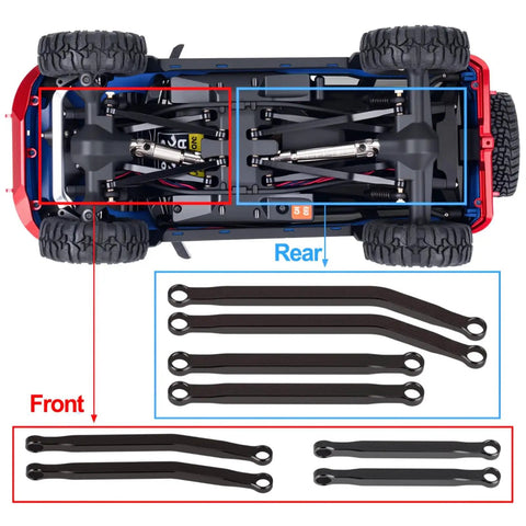 Bottom view of RC crawler with High Clearance Chassis Link Set for 1/30 Axial SCX30, showing aluminum suspension links, red kit.