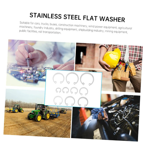Collage showing uses of 150 Piece 304 Stainless Steel Snap Rings Set C Clip Retaining Rings For Shafts Machinery.