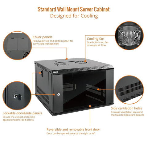 Heavy Duty 6U Wall Mount Server Cabinet With Lockable Glass Doors And Side Panels Matte Black Finish features ventilation and cooling designs.