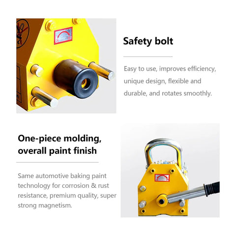 Kickass Heavy Duty Permanent Lifting Magnet With 11000 Lbs Capacity showing safety bolt and overall paint finish details.