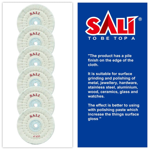 Image showing Six Pack 4 Inch White Cotton Buffing Wheels, 50 Ply, 1/2 Inch Arbor, vertically stacked with 'SALI' branding.