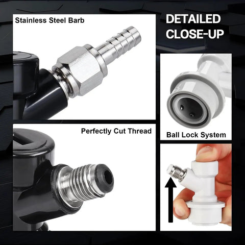 Two Pairs Ball Lock Disconnect Kit With MFL Quick Disconnect Swivel Nuts For Easy Hose Swaps Includes 5/16 Inch Gas And 1/4 Inch Liquid Barb Fittings For Your Homebrew Kegging Setup, stainless steel barb close-up
