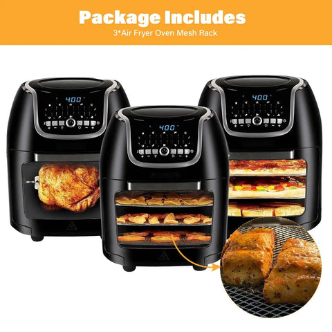 Solid Build Air Fryer Rack Set For PowerXL Vortex Pro 10qt, 3 Pack Dishwasher Safe Crisper Trays featuring three air fryers with food.