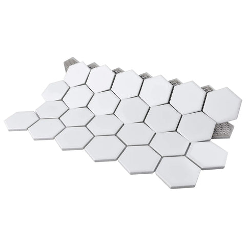 2 Inch Hex Glossy White Porcelain Mosaic Tile For Floors And Walls Mesh Mounted 11-1/8 By 12-5/8 Inches High Sheen Finish