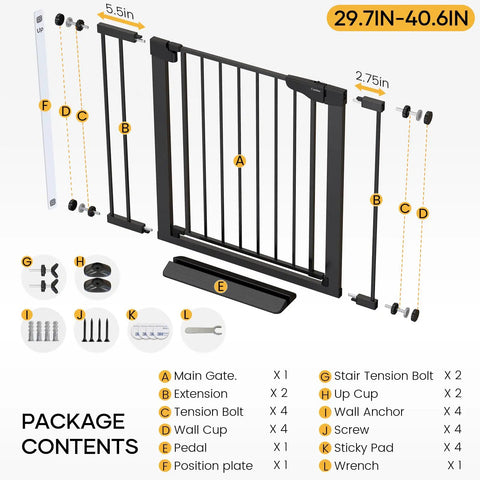 Expandable Baby Gate package contents with main gate, extensions, tension bolts, wall cup, pedal, and hardware.