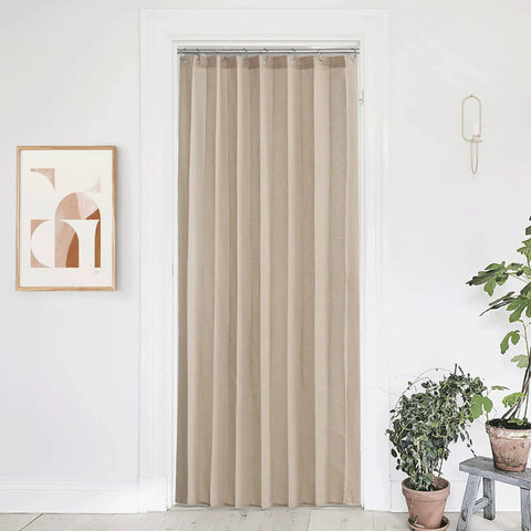 Linen Door Curtain 80 Inch Length For Doorways And Rooms Privacy On Point And Light Filtering Perfect Room Divider in taupe installed.
