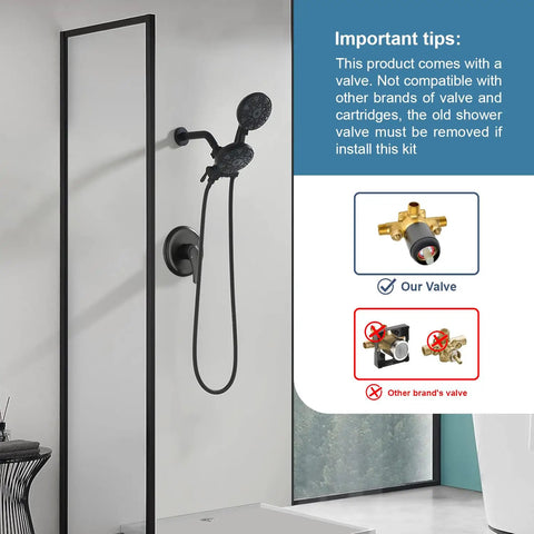 Matte Black Shower System With Dual Fixed And Handheld Heads Featuring Six Spray Modes And A Three Way Diverter Valve displayed on a bathroom wall.