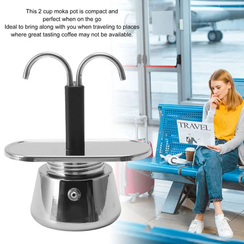 Rock Solid Stainless Steel Stovetop Espresso Maker With Dual Spout brewing fresh coffee for two cups at an airport setting.