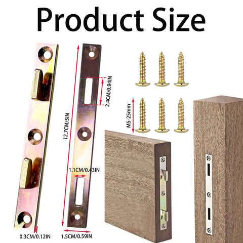 Heavy Duty Bed Rail Fasteners 4 Pack Featuring Mortise Design And Rustproof Steel Brackets for bed frame repair includes screws shown with dimensions.