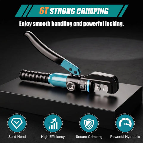 Hydraulic Crimping Tool Kit For Battery Cables And Wire Rope, 6 Ton Crimping Force, displayed on a platform with features icons.