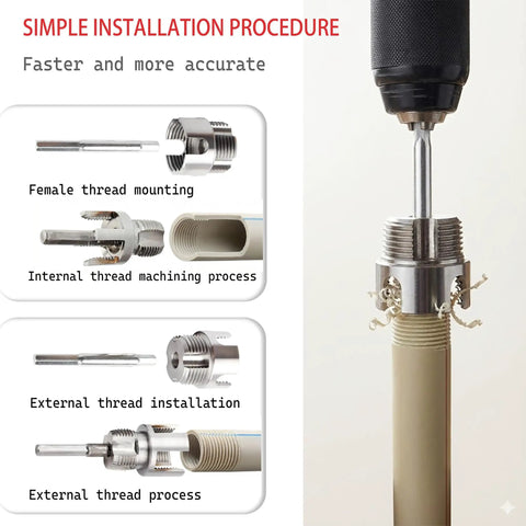 Dual Function Pipe Threading Tool Kit With Easy Flip Dual Head Design For Internal And External Threads On PVC Pipes One Half Inch Three Quarter Inch And One Inch Electric Drill Compatible Three Piece Integrated Head Set showing installation