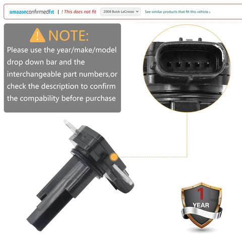Close-up of the Mass Air Flow MAF Sensor That Fits Lexus ES350 GS350 IS250 IS350 RX350 Scion XB Toyota Avalon Camry Highlander Sienna Matrix RAV4 Venza And More Replace OE 22204-0H010 showing connector and warning note.