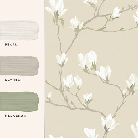 Magnolia Grove Natural Wallpaper With Easy Paste The Wall Application showing floral design on cream background with color swatches.