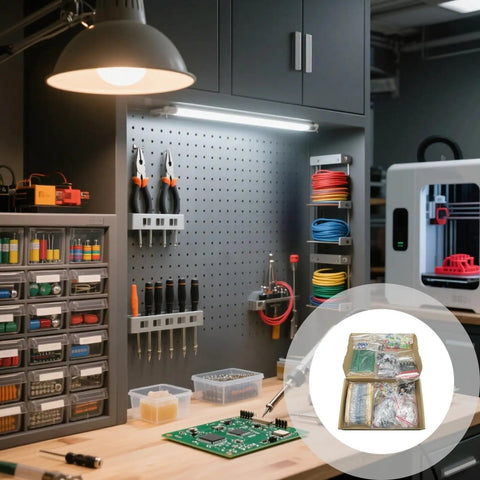 Massive 1900 Piece Electronics Components Kit For DIY Projects with tools and components on a workbench next to a 3D printer