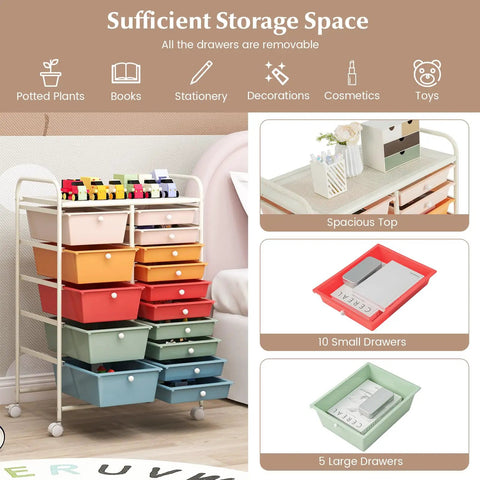 15 Drawer Rolling Storage Cart With Lockable Wheels And Removable Drawers, showing various colored drawers and spacious top for organizing