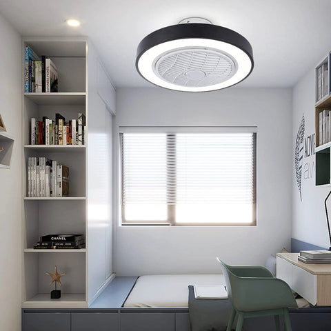 20 Inch Black Ceiling Fan With Light, Low Profile Flush Mount, Remote Control, 3-Color Dimmable Light in modern bedroom