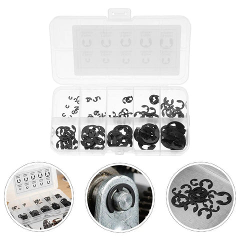 External Retaining Ring Set 120 Pcs Circlip Kit M1.5 To M10 Beryllium Bronze Black Finish in open box with example use