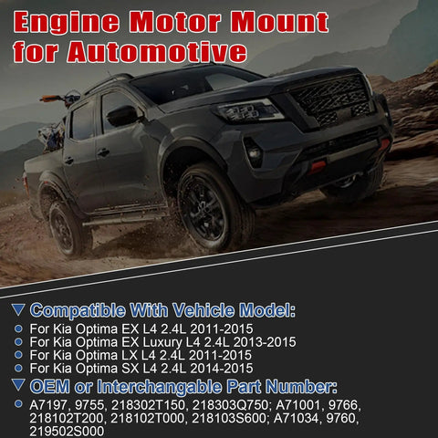 Straight Up Built Tough Three Piece Engine Motor Mount Set For Kia Optima L4 2.4 2011 2015 displayed on a rugged vehicle.