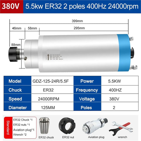 Diagram of Beefy 5.5kW 380V Water Cooled CNC Milling Motor With ER25 ER32 D125mm For Metal Engraving 400Hz 24000 RPM Spindle