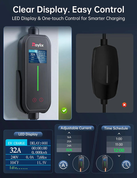 32A Level 2 EV Charger 240V 7.68kW Portable With 21ft Cable Adjustable Current And Delay SAE J1772 Compatible NEMA 14-50