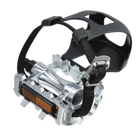 Non Slip Bicycle Pedals With Half Inch Spindle Platform Toe Clips And Adjustable Foot Straps in aluminum and plastic materials