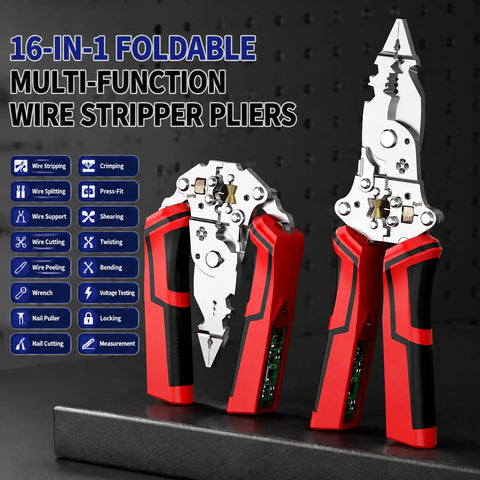 16 In 1 Wire Stripper Twister Pliers With Built In Voltage Tester All In One Electrical Tool displayed with various functions