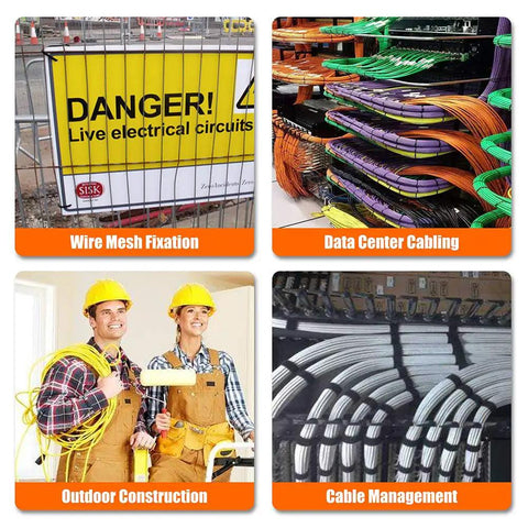 Collage showing 500 Pack Self Locking Nylon Cable Ties Assorted 4 6 8 10 And 12 Inch Lengths used in various settings.