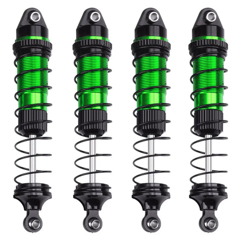 Aluminum Front And Rear RC Shock Absorber Set For Losi 1 18 Mini LMT 4x4 Brushed Monster Truck RTR Upgrade Parts With Beefed Up Damping And Telescopic Travel; set of four green aluminum shock absorbers with springs.