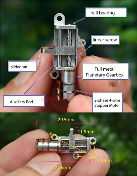 High Performance 5mm Gear Reduction Stepper Motor With Slick Metal Linear Screw Slider And Secure Fastening Nut Designed For Camera Phone Lifting Rig Modifications, showcased in hand with detailed components.
